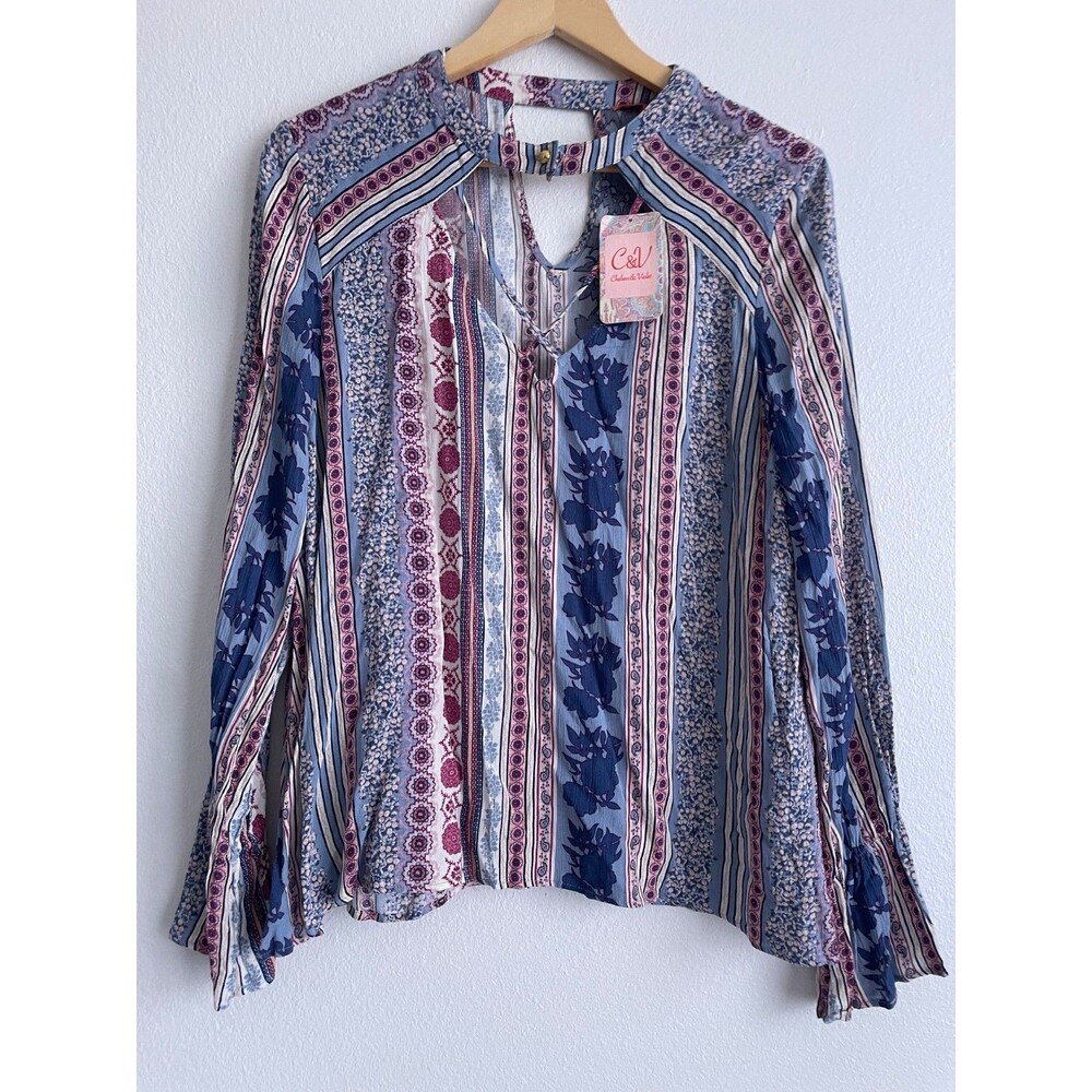 Chelsea & Violet Womens S Blue Purple Floral Print Rayon Blouse NWT Whimsy Boho